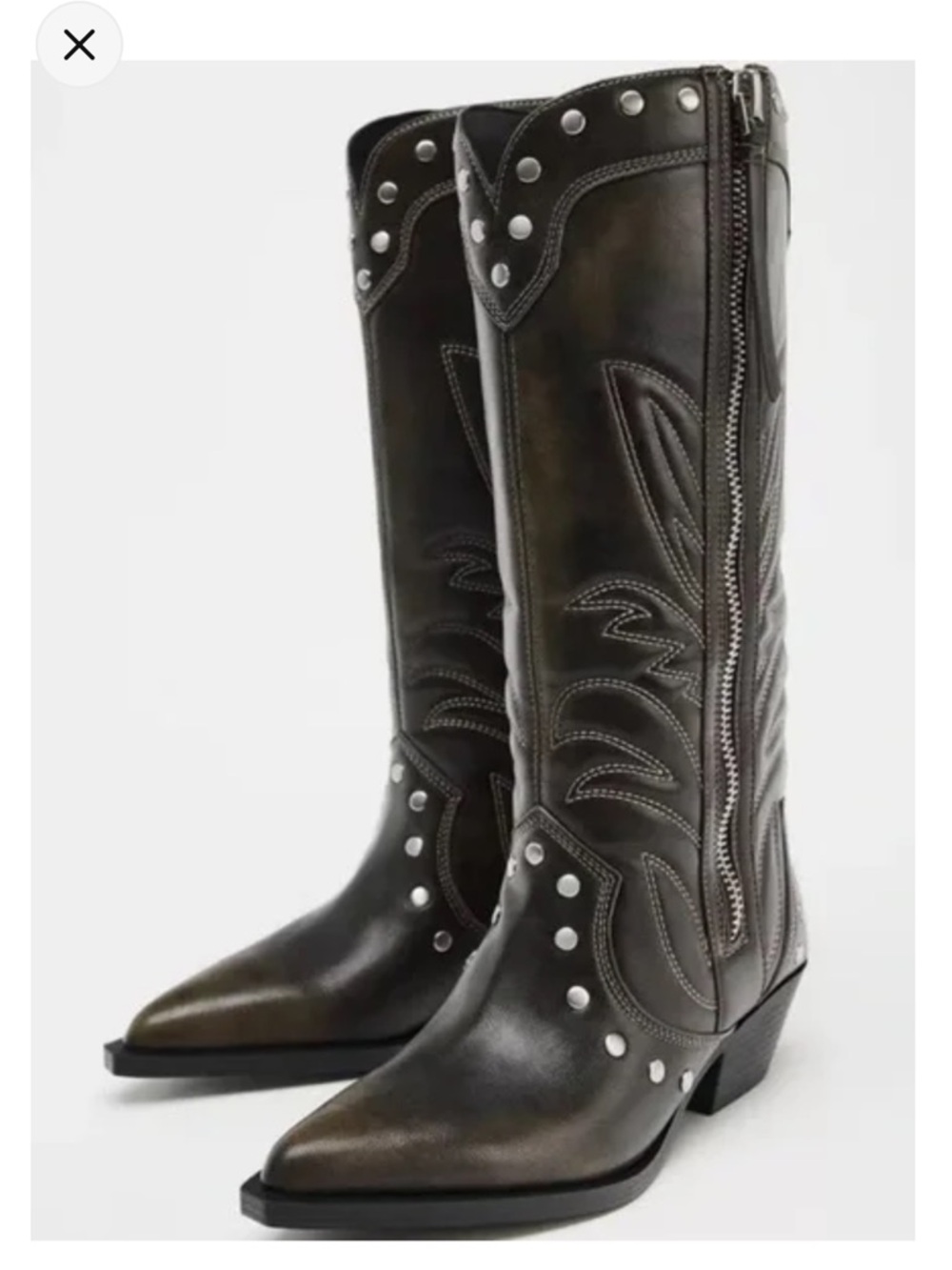 Zara Olive Brown Studded Western Knee Boots